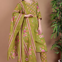 Miramaar Women's Green Cotton Straight Round Neck Hand Work Kurta Pant with Dupatta