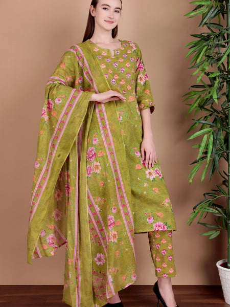 Miramaar Women's Green Cotton Straight Round Neck Hand Work Kurta Pant with Dupatta