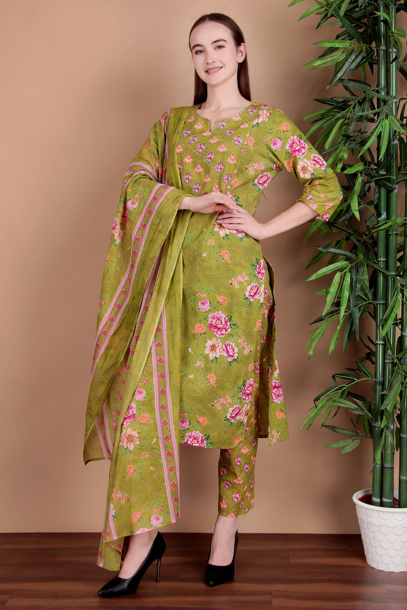 Miramaar Women's Green Cotton Straight Round Neck Hand Work Kurta Pant with Dupatta