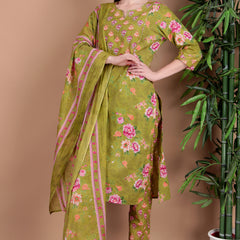 Miramaar Women's Green Cotton Straight Round Neck Hand Work Kurta Pant with Dupatta