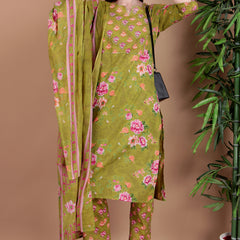 Miramaar Women's Green Cotton Straight Round Neck Hand Work Kurta Pant with Dupatta