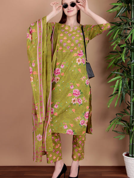 Miramaar Women's Green Cotton Straight Round Neck Hand Work Kurta Pant with Dupatta