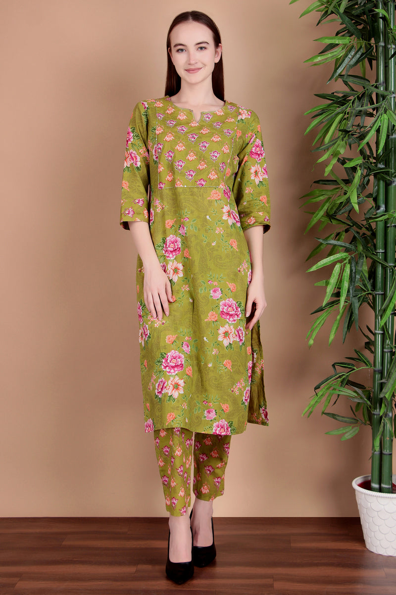 Miramaar Women's Green Cotton Straight Round Neck Hand Work Kurta Pant with Dupatta