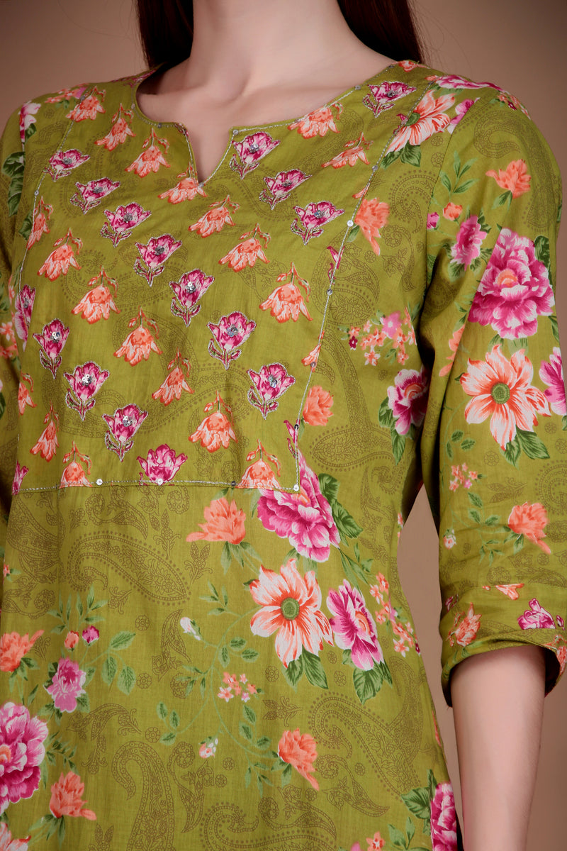 Miramaar Women's Green Cotton Straight Round Neck Hand Work Kurta Pant with Dupatta