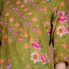 Miramaar Women's Green Cotton Straight Round Neck Hand Work Kurta Pant with Dupatta