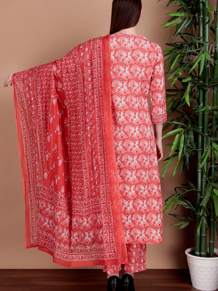 Miramaar Women's Pink Cotton A-line Mirror & Hand Work Kurta Pant with Dupatta