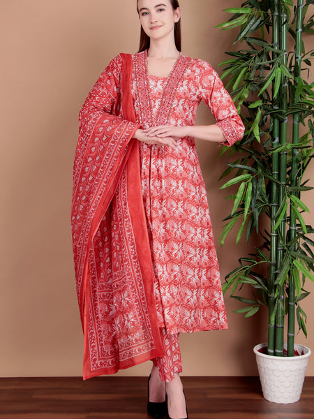 Miramaar Women's Pink Cotton A-line Mirror & Hand Work Kurta Pant with Dupatta