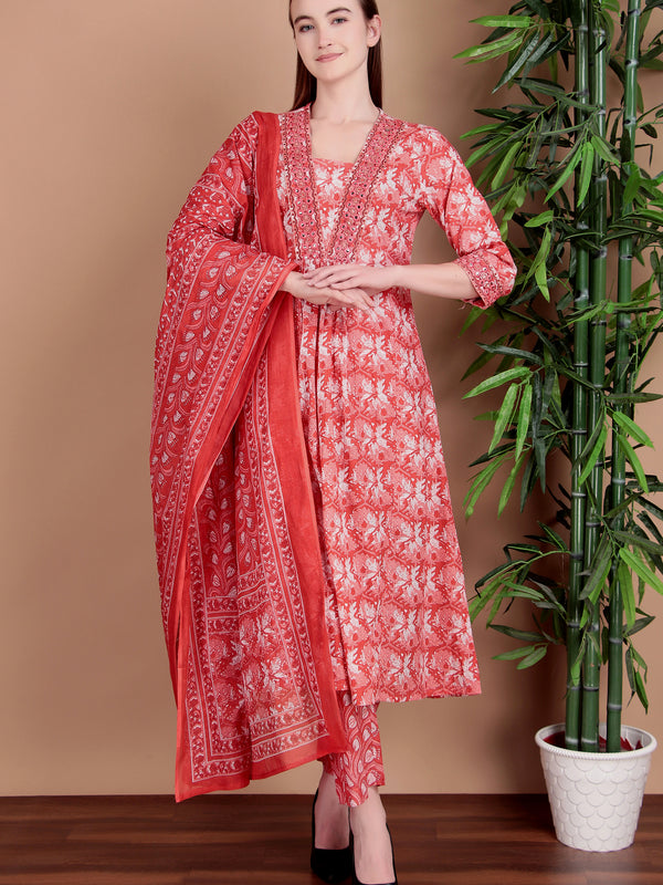 Miramaar Women's Pink Cotton A-line Mirror & Hand Work Kurta Pant with Dupatta