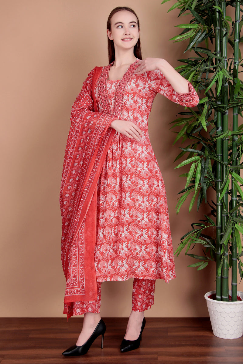 Miramaar Women's Pink Cotton A-line Mirror & Hand Work Kurta Pant with Dupatta