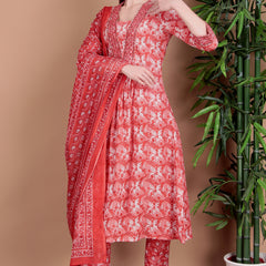 Miramaar Women's Pink Cotton A-line Mirror & Hand Work Kurta Pant with Dupatta