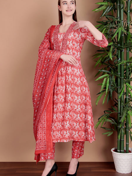 Miramaar Women's Pink Cotton A-line Mirror & Hand Work Kurta Pant with Dupatta