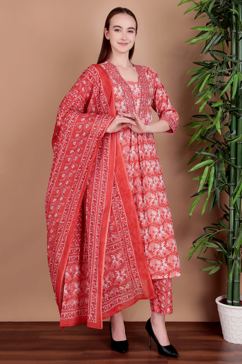 Miramaar Women's Pink Cotton A-line Mirror & Hand Work Kurta Pant with Dupatta