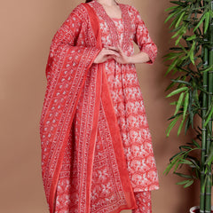 Miramaar Women's Pink Cotton A-line Mirror & Hand Work Kurta Pant with Dupatta