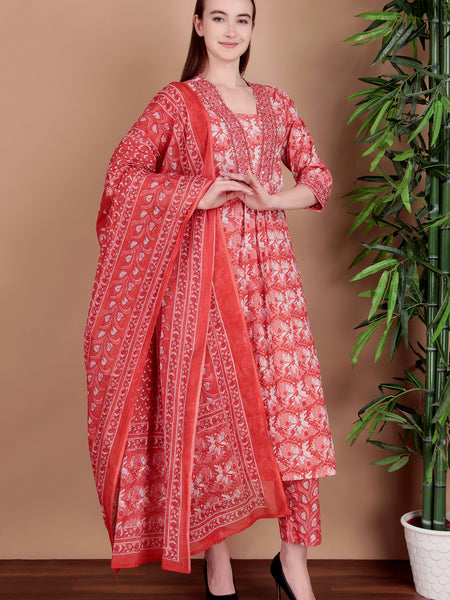 Miramaar Women's Pink Cotton A-line Mirror & Hand Work Kurta Pant with Dupatta