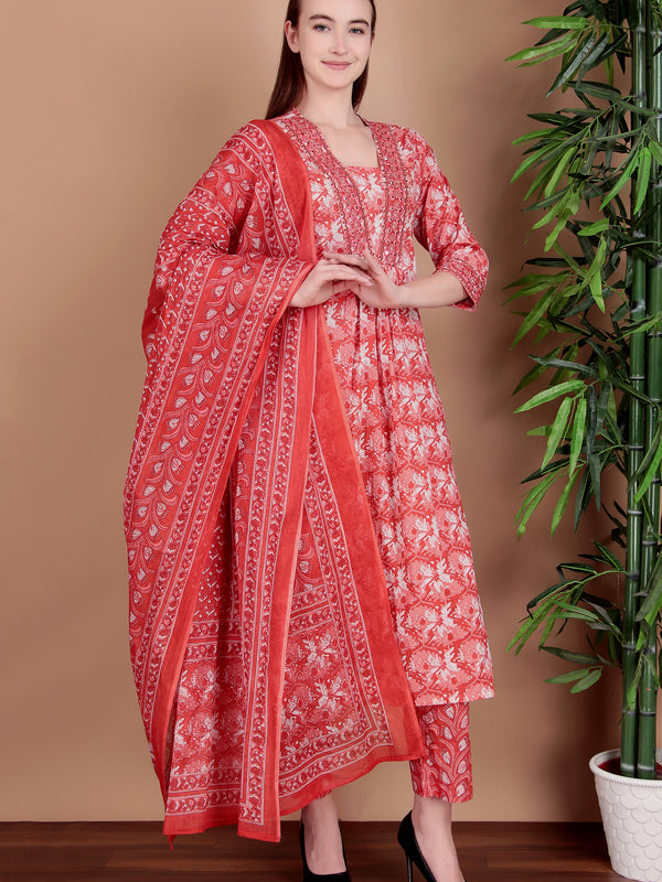 Miramaar Women's Pink Cotton A-line Mirror & Hand Work Kurta Pant with Dupatta