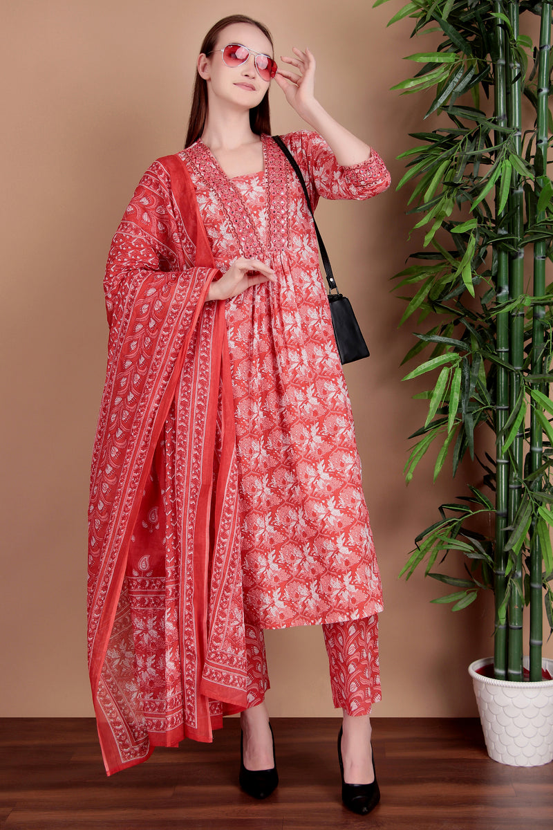 Miramaar Women's Pink Cotton A-line Mirror & Hand Work Kurta Pant with Dupatta