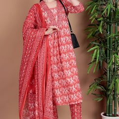 Miramaar Women's Pink Cotton A-line Mirror & Hand Work Kurta Pant with Dupatta