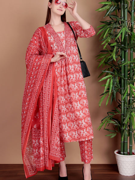 Miramaar Women's Pink Cotton A-line Mirror & Hand Work Kurta Pant with Dupatta