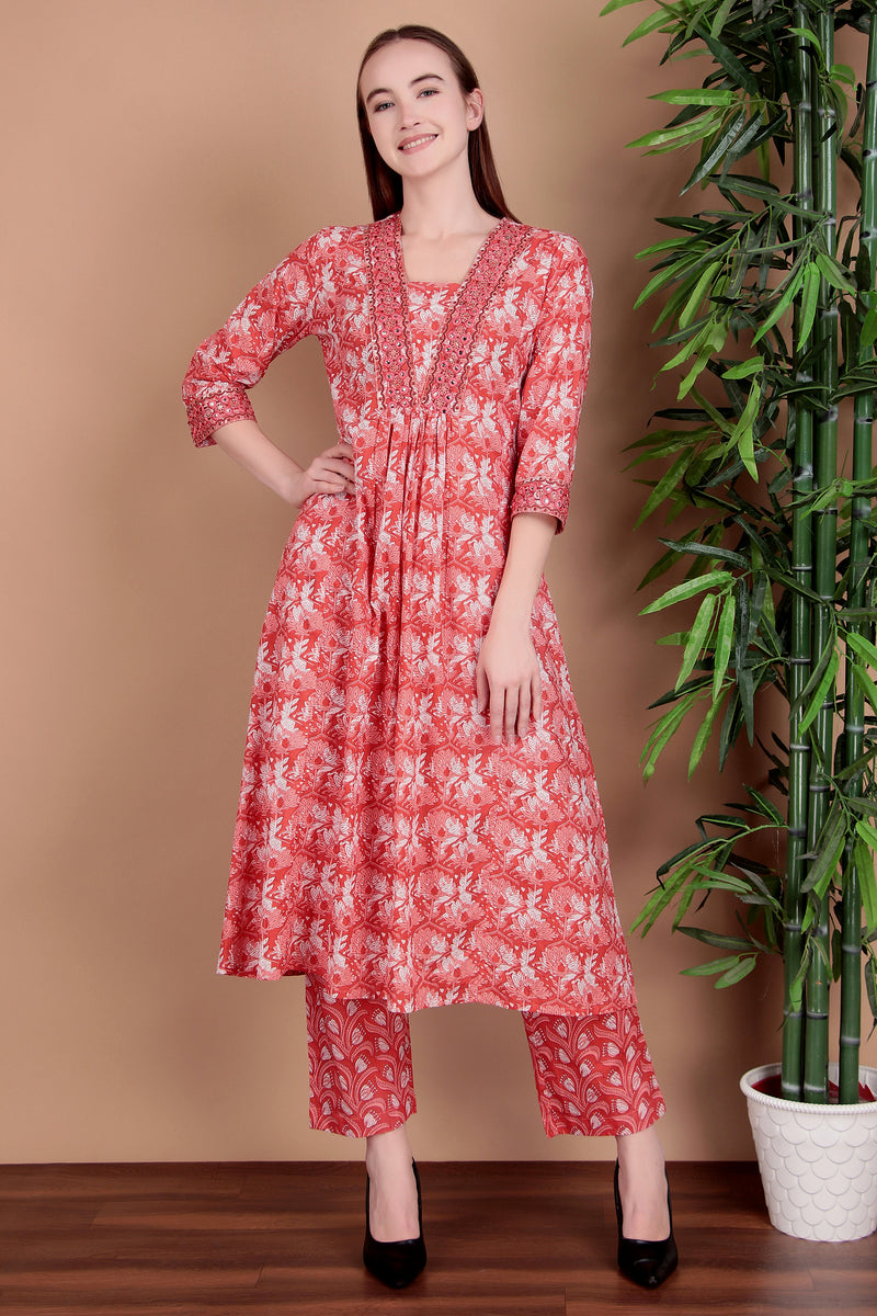 Miramaar Women's Pink Cotton A-line Mirror & Hand Work Kurta Pant with Dupatta