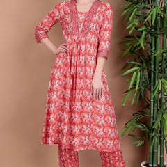 Miramaar Women's Pink Cotton A-line Mirror & Hand Work Kurta Pant with Dupatta