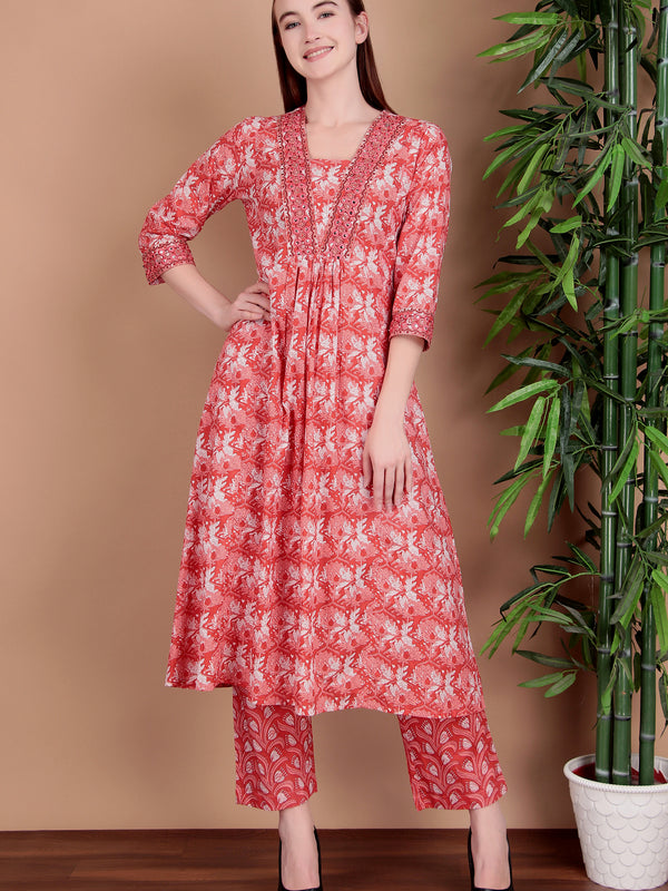 Miramaar Women's Pink Cotton A-line Mirror & Hand Work Kurta Pant with Dupatta