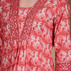 Miramaar Women's Pink Cotton A-line Mirror & Hand Work Kurta Pant with Dupatta