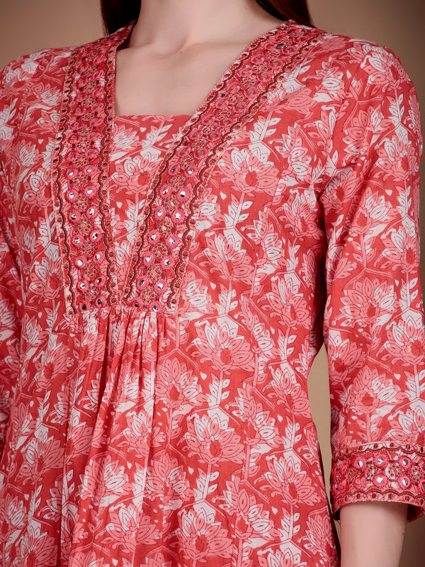 Miramaar Women's Pink Cotton A-line Mirror & Hand Work Kurta Pant with Dupatta