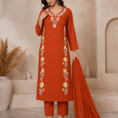 Women Orange Printed Round Neck Kurta with Straight Pants & Printed Dupatta