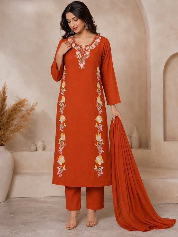 Women Orange Printed Round Neck Kurta with Straight Pants & Printed Dupatta