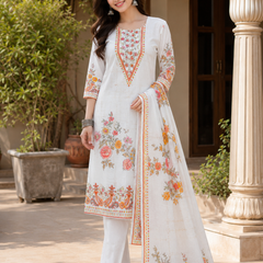 Women WHITE Printed Round Neck Kurta with Straight Pants & Printed Dupatta