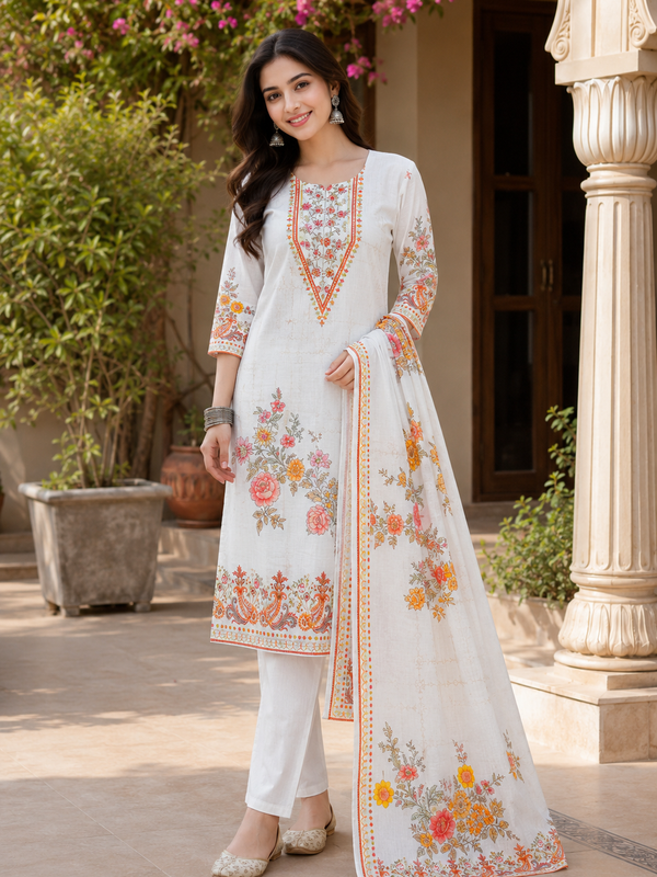 Women WHITE Printed Round Neck Kurta with Straight Pants & Printed Dupatta