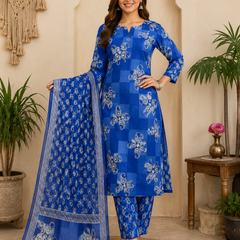 Women Blue Printed Round Neck Kurta with Straight Pants & Printed Dupatta