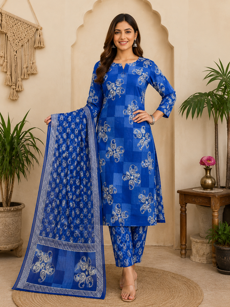 Women Blue Printed Round Neck Kurta with Straight Pants & Printed Dupatta