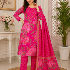 Women Pink Printed Round Neck Kurta with Straight Pants & Printed Dupatta