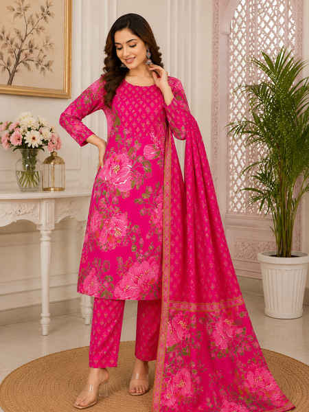 Women Pink Printed Round Neck Kurta with Straight Pants & Printed Dupatta