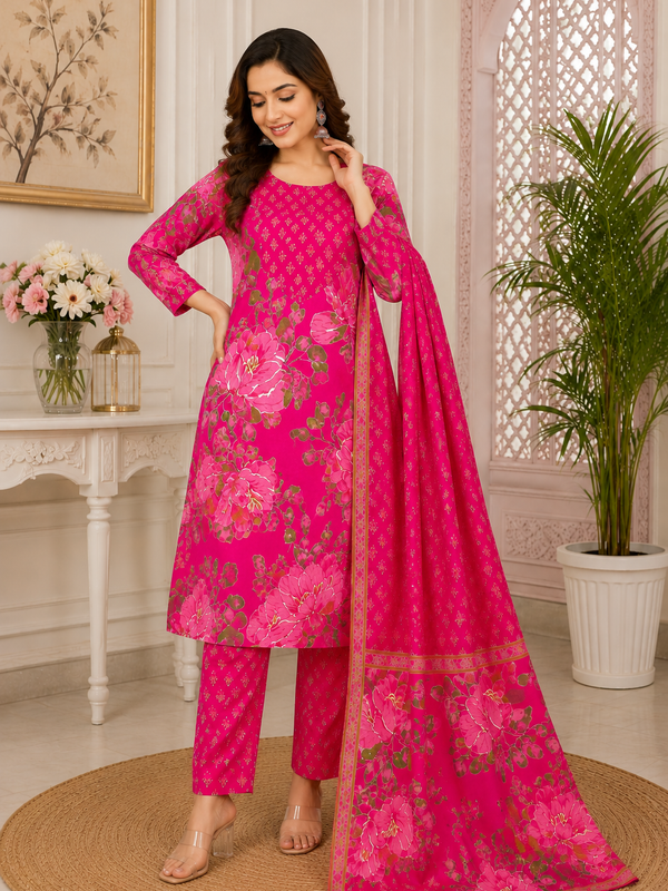 Women Pink Printed Round Neck Kurta with Straight Pants & Printed Dupatta