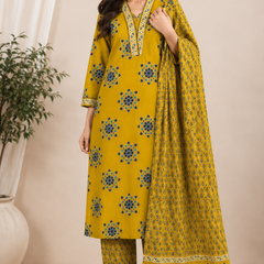 Women YELLOW Printed Round Neck Kurta with Straight Pants & Printed Dupatta