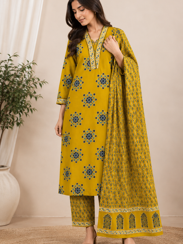 Women YELLOW Printed Round Neck Kurta with Straight Pants & Printed Dupatta