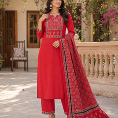 Women Red Printed Round Neck Kurta with Straight Pants & Printed Dupatta