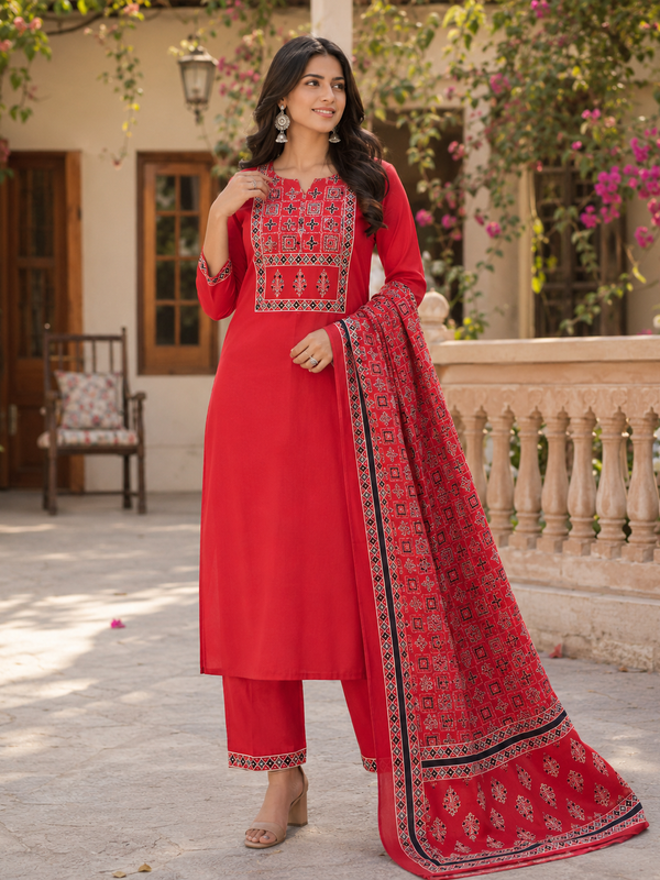 Women Red Printed Round Neck Kurta with Straight Pants & Printed Dupatta