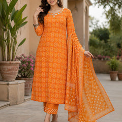 Women Orange Printed Round Neck Kurta with Straight Pants & Printed Dupatta