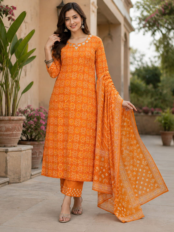 Women Orange Printed Round Neck Kurta with Straight Pants & Printed Dupatta