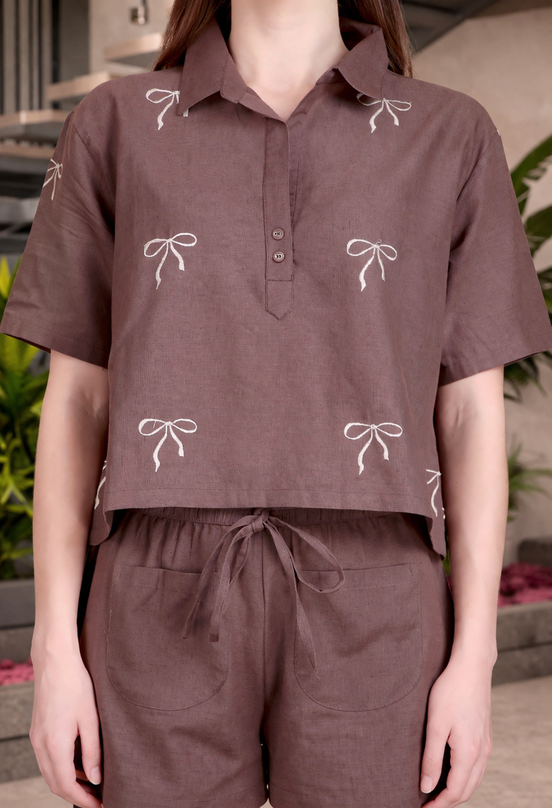 Miramaar Women's Brown Cotton Flex Top & Shorts Co-ord Set