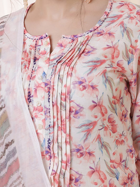 Miramaar Women's Cotton Linen Pintex Off White Straight Kurta Pant with Dupatta