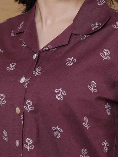 Miramaar Women's Wine Cotton Flex Spread Collar Crop top Coord Set