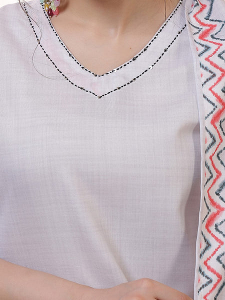 Miramaar Women's Grey V-neck Digital Print Straight Kurta Pant with Dupatta