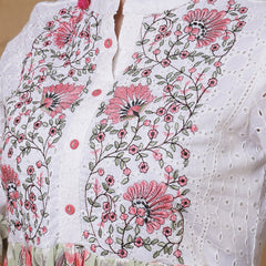 Miramaar Women's White & Green Mandarin Collar Embroidered Fit & Flare Dress