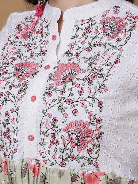 Miramaar Women's White & Green Mandarin Collar Embroidered Fit & Flare Dress