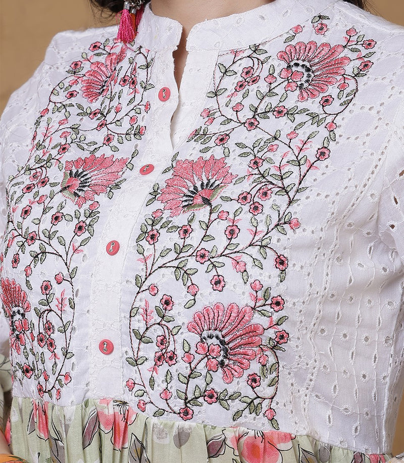 Miramaar Women's White & Green Mandarin Collar Embroidered Fit & Flare Dress