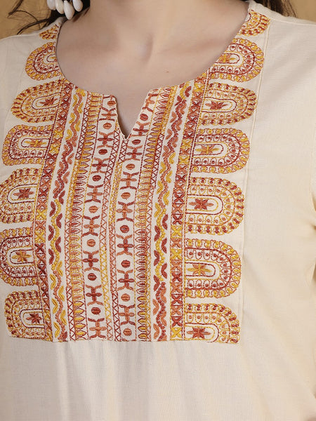 Miramaar Women's Off White Round Neck Embroidered Kurta Pant Set